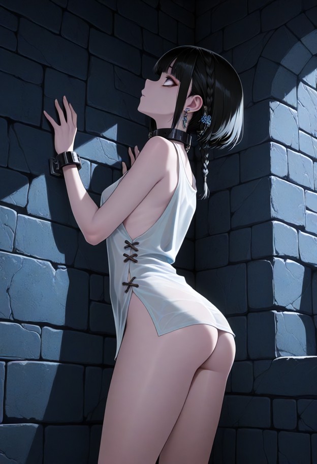 she is standing in a corner looking up,thin linen tunic,dim stone dungeon,rough walls,shadows,low angle,dim lighting