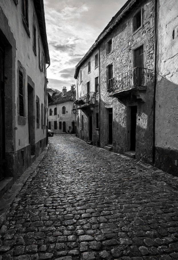 (beds line the street:1.5) (high-contrast monochrome black and white:1.8) a surreal,cinematic scene on an ancient cob…
