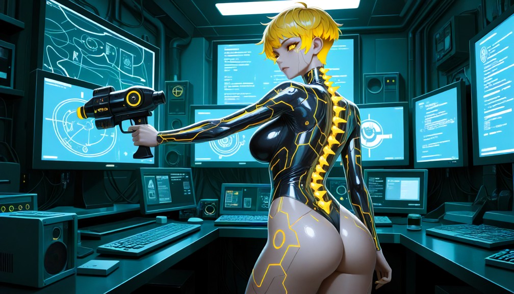 sci-fi,blaster in hand,sneakily entering a room that is a very well guarded by two sci-fi woman guards.. background: …