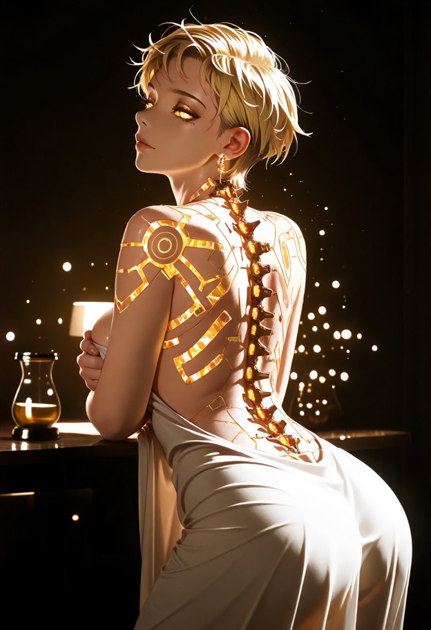she is leaning forward in a sheer dress,indoor,with a very brigth light behind her revealing all the curve under the …