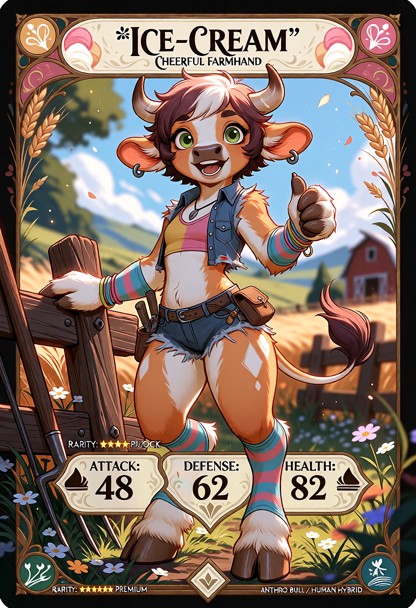 Create a premium fantasy collectible trading card featuring **Ice-Cream**, a 26-year-old anthropomorphic bull and hum…