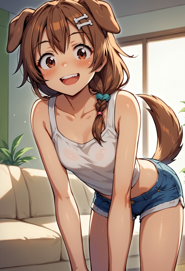 she is leaning forward biting her lip,white cotton tank top,denim shorts,cozy living room,beige carpet,grey sofa,warm…