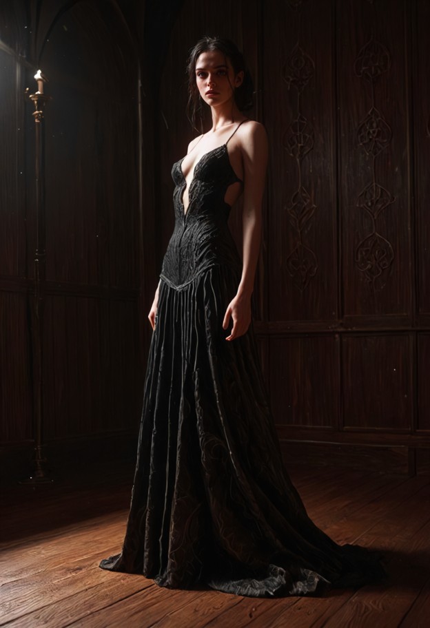 drusilla stands with her arms crossed,silk blouse,black lace skirt,dimly lit room,wooden floor,textured walls,medium …