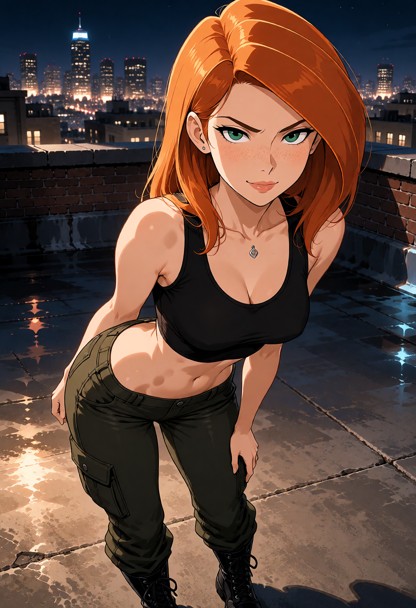 Location: a dimly lit urban rooftop at night with the city skyline glowing in the distance, soft city light reflectin…