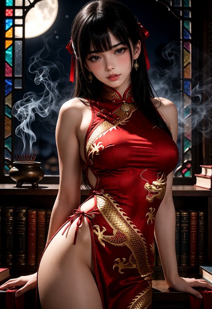 She is wearing a red cheongsam dress with a very high hip slit, gold dragon embroidery wrapping around the torso and …