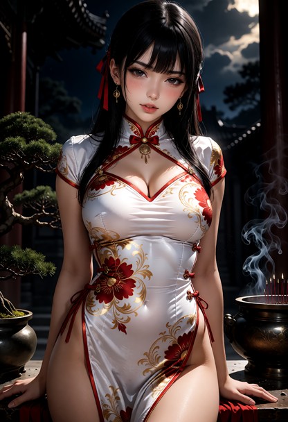 She is wearing a white cheongsam dress with a very high hip slit, with red and gold floral patterns. side openings he…