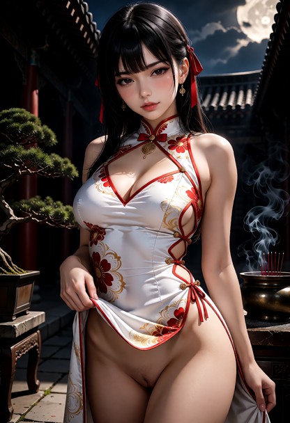 She is wearing a white cheongsam dress with a very high hip slit, with red and gold floral patterns. side openings he…
