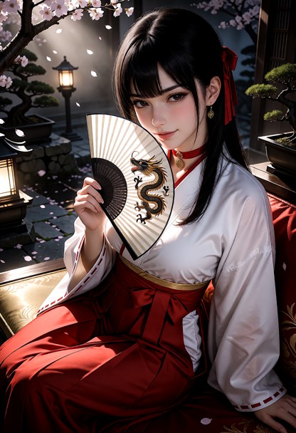Cute shrine maiden, smiling gently, sitting on a luxurious bench in a cherry tree garden area, elegant relaxed postur…