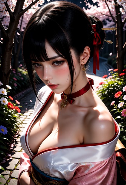 She is standing. Wearing a white and pink silk kimono with visible cleavage. Her hair is worn up in a bun with a trad…