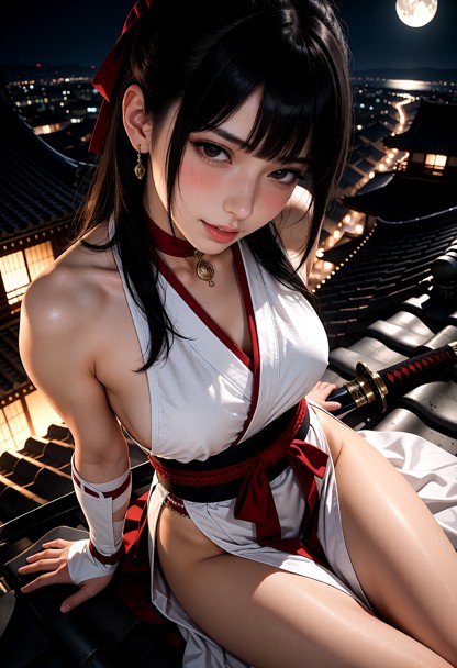 1girl, looking down modern kunoichi sitting on a traditional japanese rooftop at night, relaxed playful posture, dyna…