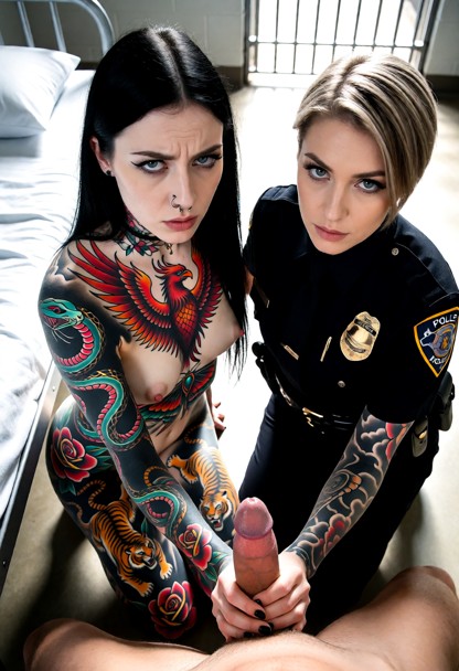 subject is naked. Compose the image from a high angle, viewed from above as the camera looks down., both women are li…