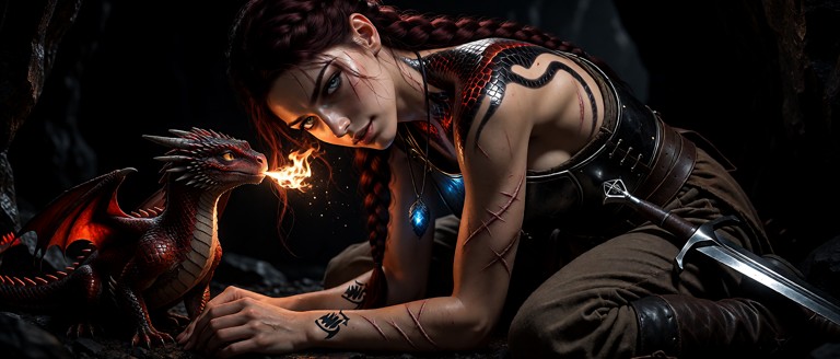 A Cinematic Masterpiece photography without natural illumination in a pitch black dark cave. she is sitting on the ro…