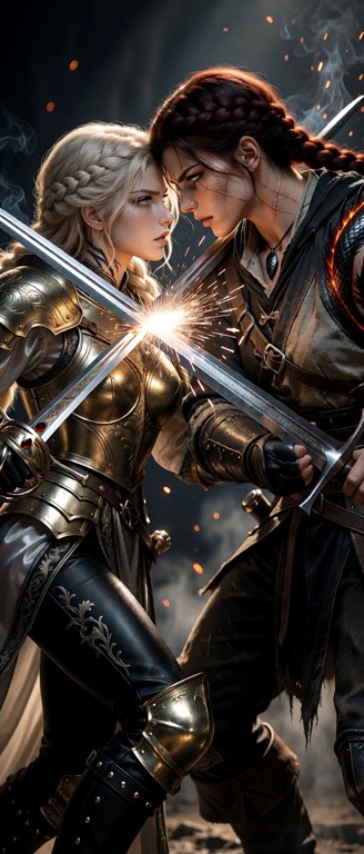 A dynamic cinematic masterpiece photo of an epic sword fight duel between Mina and Kaela, caught in a dramatic frame.…