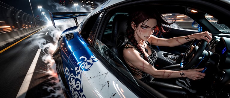 A hyper-realistic, ultra-detailed photograph capturing a custom Dodge Viper in white with complex blue livery and int…
