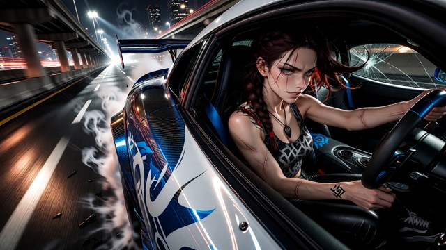 A hyper-realistic, ultra-detailed photograph capturing a custom Dodge Viper in white with complex blue livery and int…