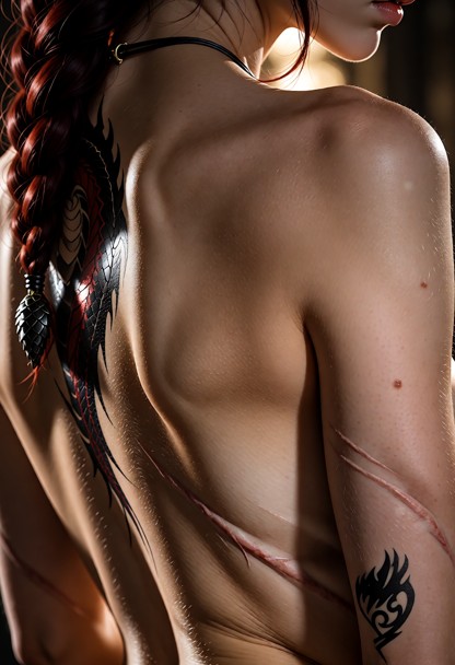 An extreme macro photorealistic fine art portrait of an artistic nude female model, faceless, head completely out of …