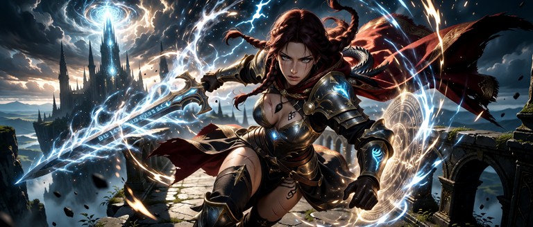 A cinematic high fantasy photograph capturing a powerful female magic-swordsman in the heat of arcane battle, award-w…