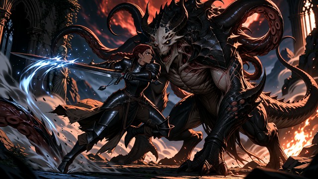 A hyper-detailed, extreme wide-angle, full-body cinematic shot capturing an entire, high-octane dark fantasy battle s…