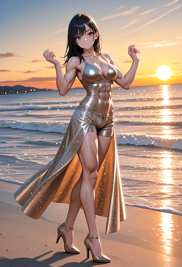1girl,solo,hands up,shaking hips (dancing),party outfit,glitter dress,heels,accessories,sparkly makeup,glossy lips,ha…