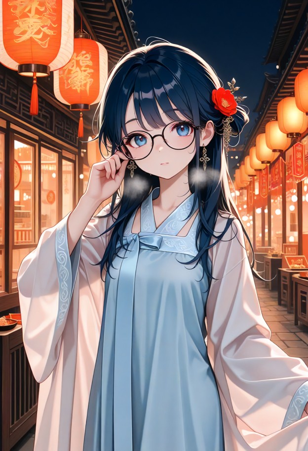 light blue hanfu,chinese motif,ribbon,hanfu,pink high skirt,transparent collar robes:1.2,highres,glasses,loosen hairs…