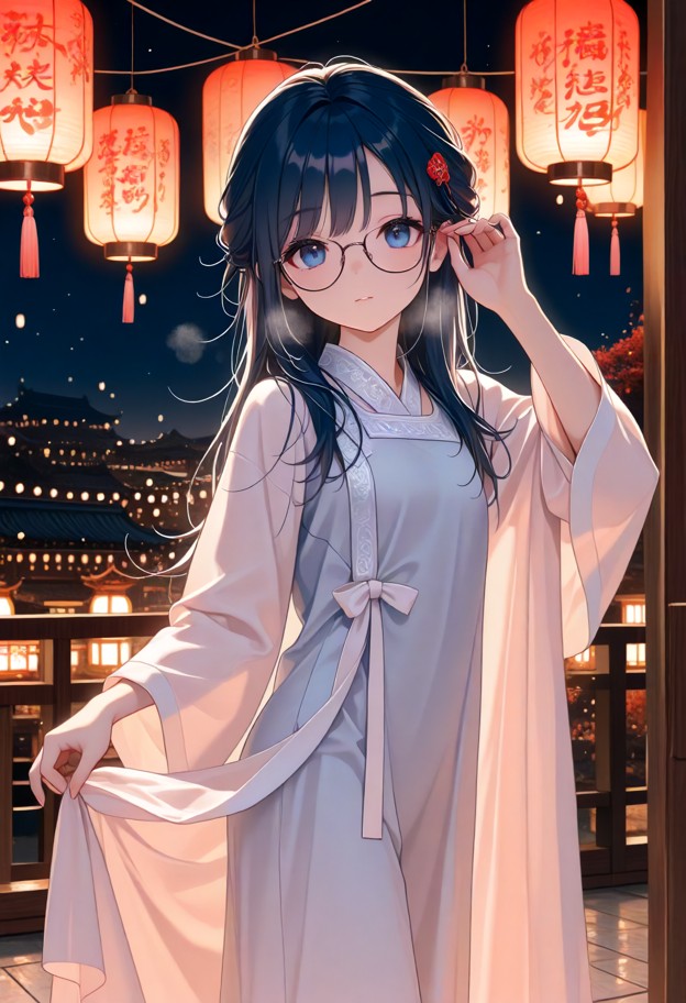 light blue hanfu,chinese motif,ribbon,hanfu,pink high skirt,transparent collar robes:1.2,highres,glasses,loosen hairs…