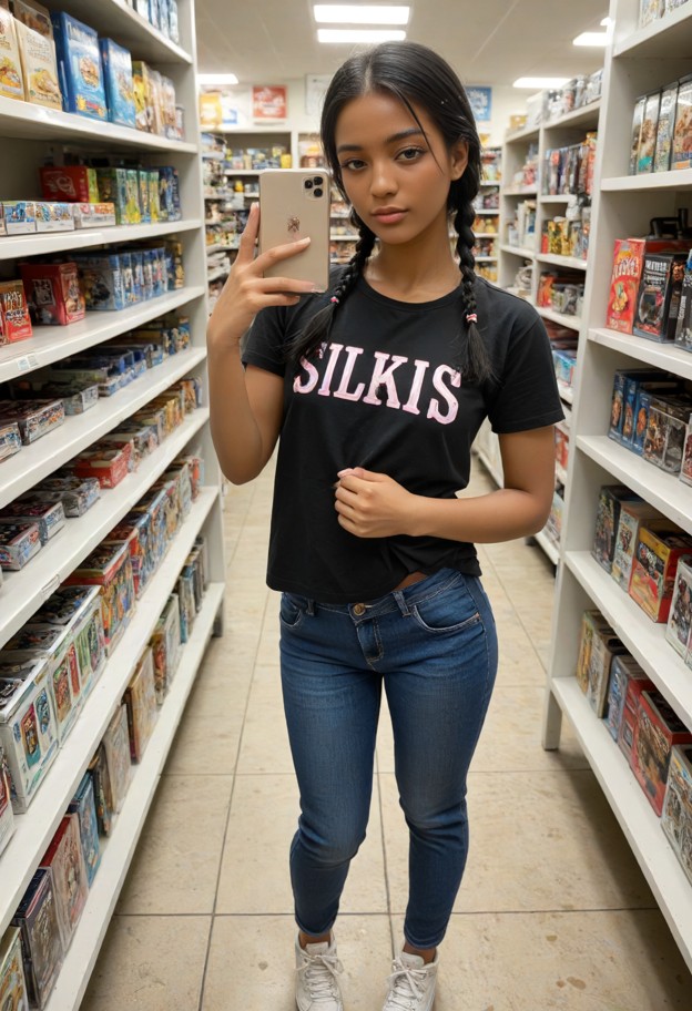 1girl,standing,black graphic t-shirt,light blue jeans,scuffed up white sneakers,manga store,fluorescent lights,fronta…