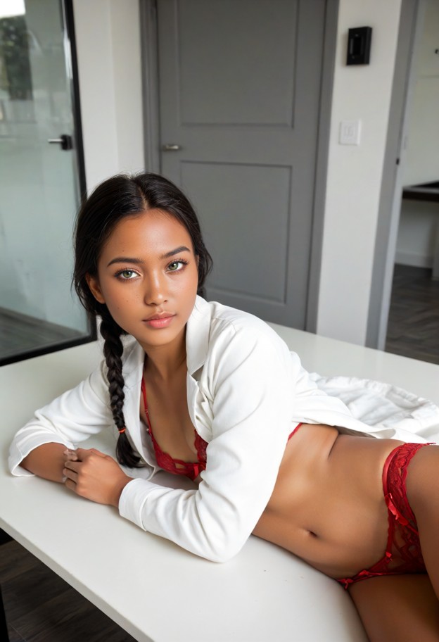 1girl lying on metal exam table,white coat open,red lingerie,black graphic t-shirt,beige walls,gray metal door,metal …