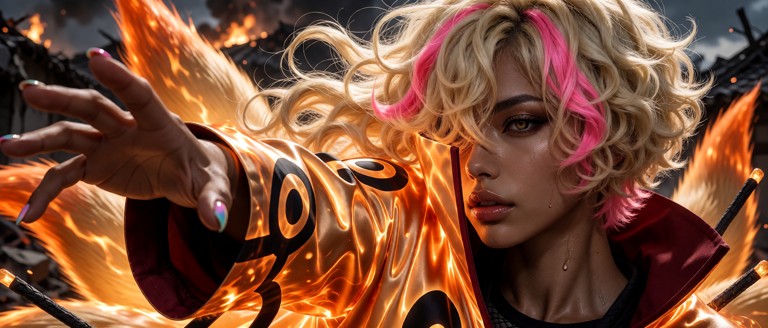 Highly detailed 21:9 powerful stance of a woman enveloped in the iconic Nine-Tails chakra cloak, one arm extended for…