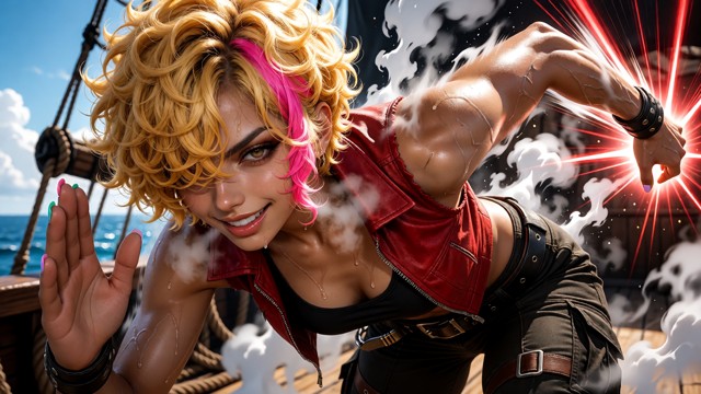 Ultra-realistic 16:9 dynamic shot of a woman activating Gear Second, steam bursting from her body as she leans into a…