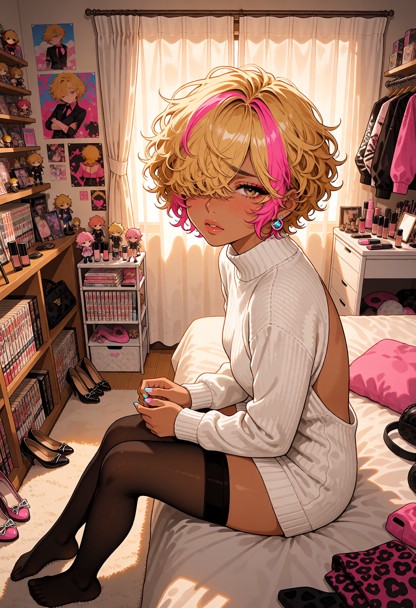 Create a cinematic 16:9 semi-realistic anime-style scene featuring Runa, a 25-year-old petite Japanese gyaru woman, s…
