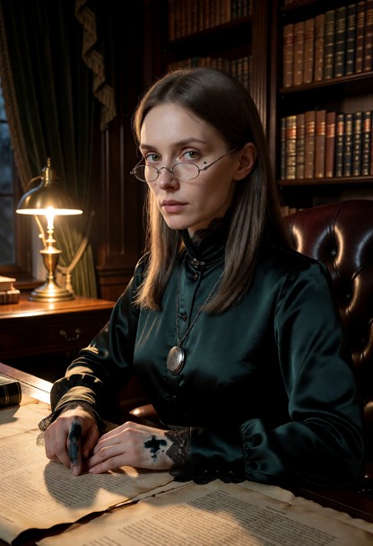 Location: a dimly lit study filled with tall mahogany bookshelves, heavy velvet curtains, and the warm, flickering gl…