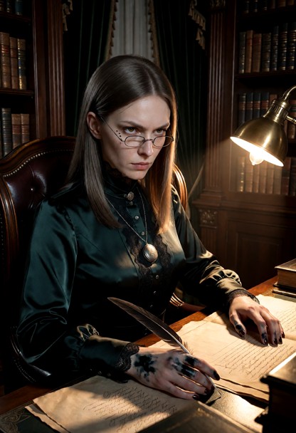 Location: a dimly lit study filled with tall mahogany bookshelves, heavy velvet curtains, and the warm, flickering gl…
