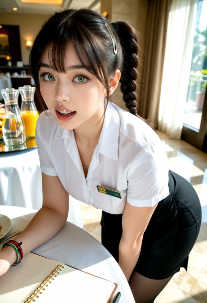 Location: bright morning in a sunlit hotel dining area with polished marble floors, white linen tablecloths, and soft…