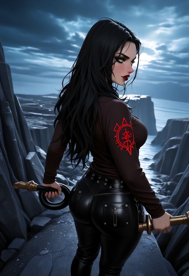 a cinematic full-body high-angle shot,looking slightly down from above at a fierce female warrior standing on a rocky…