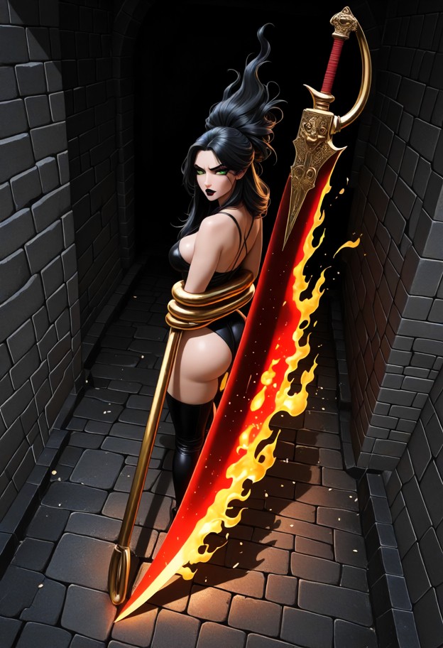 a cinematic full-body high-angle shot,looking slightly down from above at a beautiful female warrior standing inside …