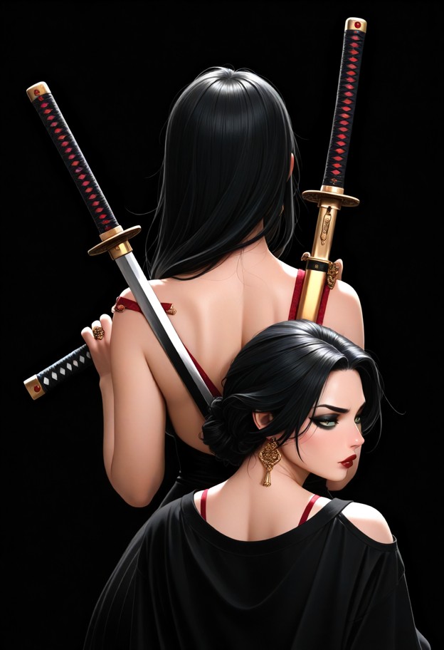 ((symmetrical pose:1.4)),front view,((holding two separate katanas:1.5)),(((resting left katana blade flat on her lef…