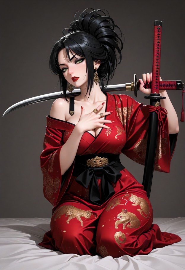 full body shot of a beautiful woman from the front,((holding two katanas lifted up)),((resting one katana blade flat …
