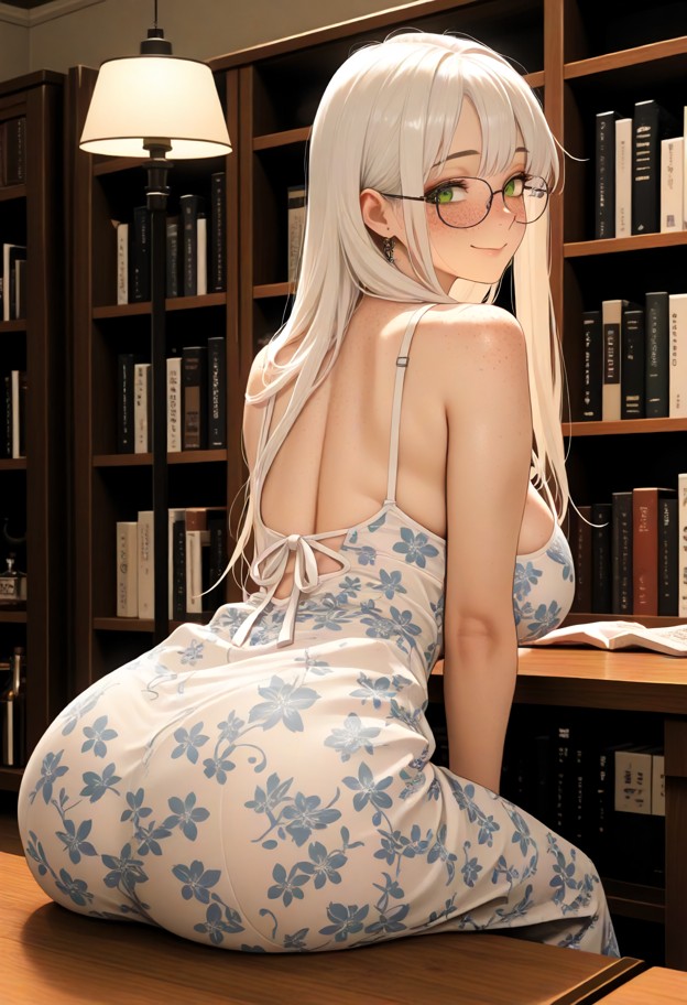 laila sits at the wooden table leaning forward,floral pattern sundress,university library,bookshelves,study tables,me…