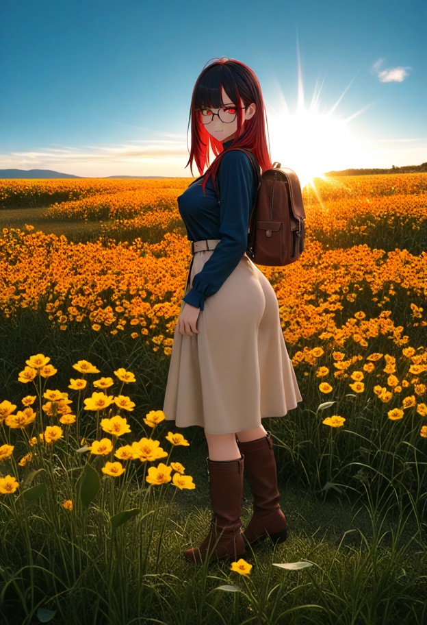 she is is standing in a meadow with wildflowers,brown leather adventurer outfit,tan skirt,knee-high brown boots,brown…