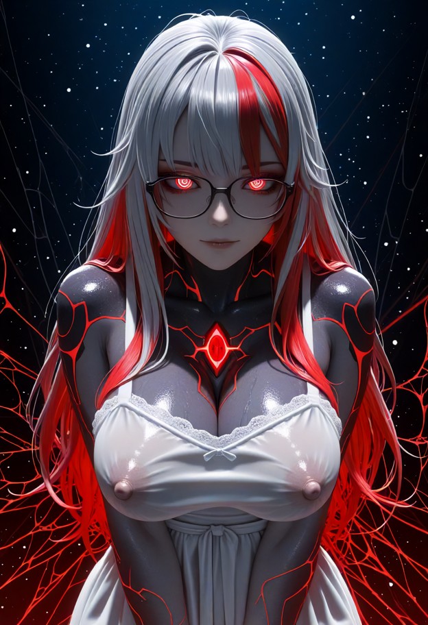 a she is stands still in a dark void,facing viewer,white silk sundress,vast endless dark void,swirling grey mist,fain…