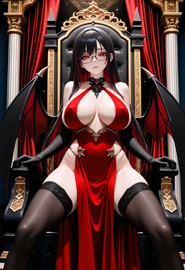 she is is standing straight facing the viewer with large black demonic wings spread behind her,red elegant dress,gold…