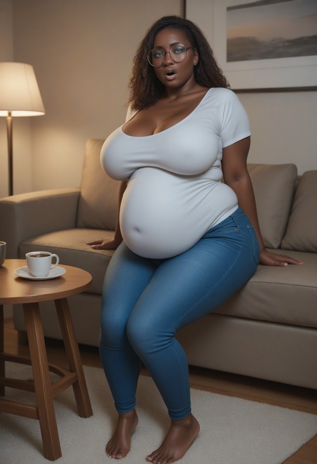 she is is arching her back on a sofa and moaning,white cotton t-shirt,blue denim jeans,cozy living room,soft beige so…