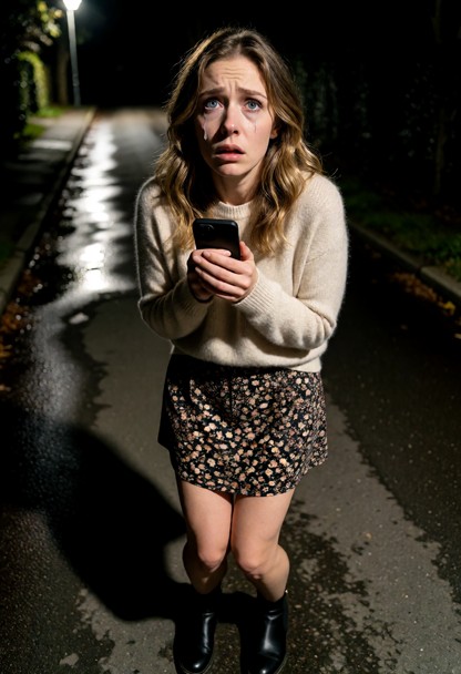 Location: a dimly lit street at night, with the faint glow of a distant streetlamp casting long, uncertain shadows an…