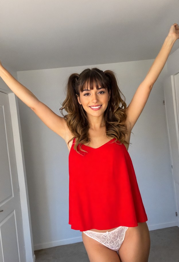 modern bedroom,standing in closet,wearing red dress,white lace panties,ponytail with bangs with wispy sides,full-body…