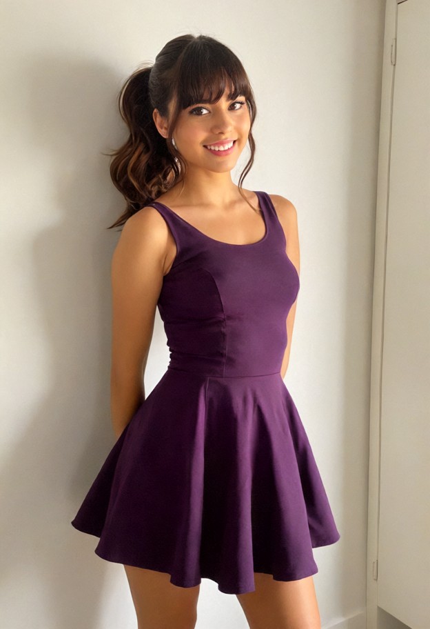 modern bedroom,standing in closet,wearing purple dress,black skirt,ponytail with bangs with wispy sides,full-body vie…