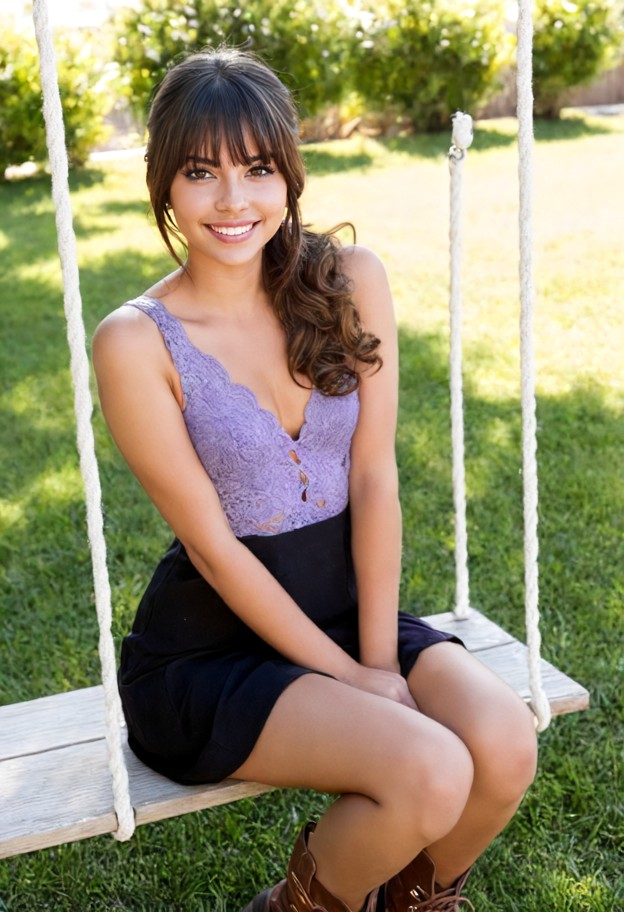 backyard,sitting on swing,wearing purple lace sleeveless short dress,black skirt,brown ankle boots ponytail with bang…