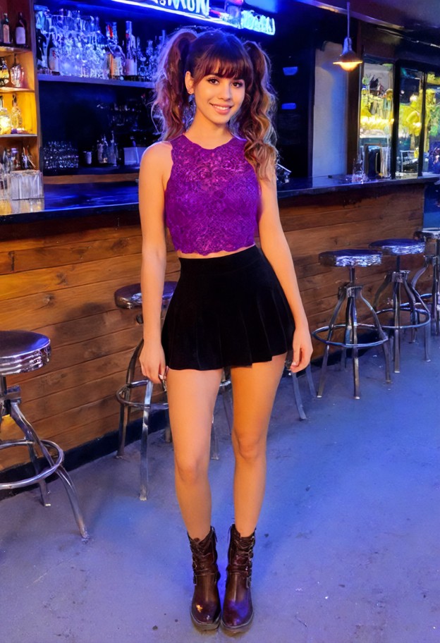 outside bar,standing outside bar,wearing purple lace sleeveless short dress,black skirt,brown ankle boots,holding bro…