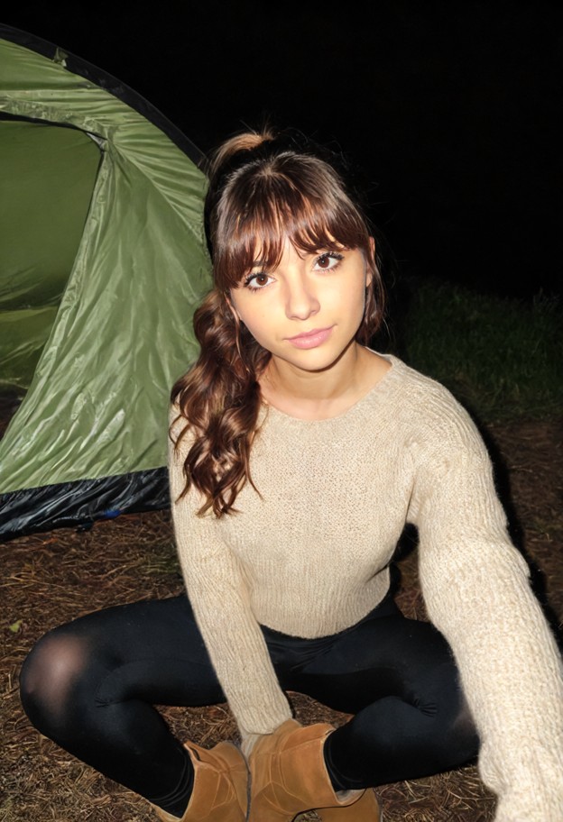 gabriela is sitting inside tent,beige sweater,black leggings,beige ugg boots,ponytail with bangs,lakeside campsite,fo…