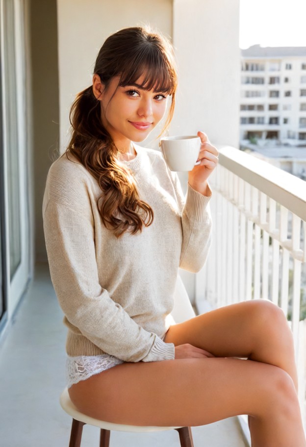 apartment balcony,sitting on chair,crossed_legs,wearing beige sweater,white lace panties,drinking a cup of tea,ponyta…
