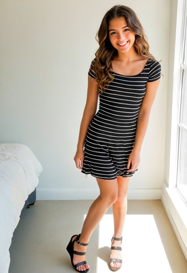 apartment bedroom,wearing a short sleeve long skirt black and white stripped dress,wearing black ankle strap wedge sa…